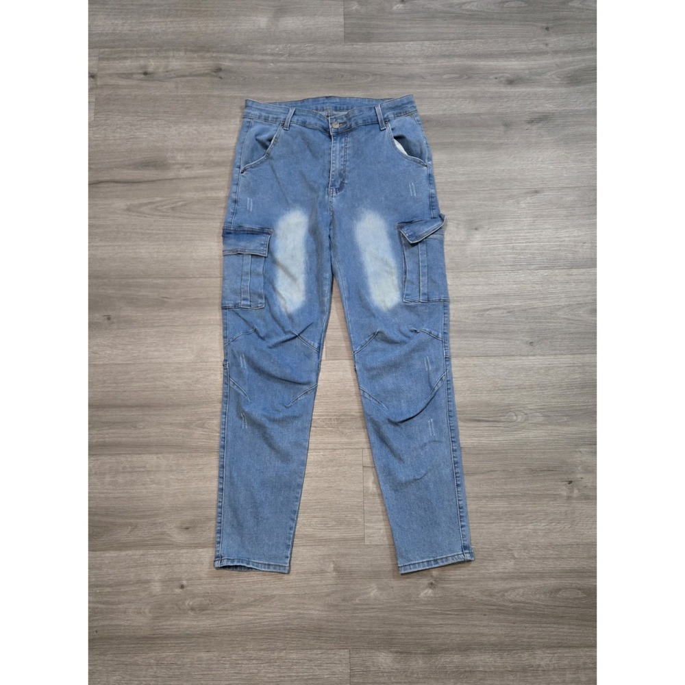 ROMWE Mens Denim Stretch Cargo Distressed Pants Size 32 Stone Wash